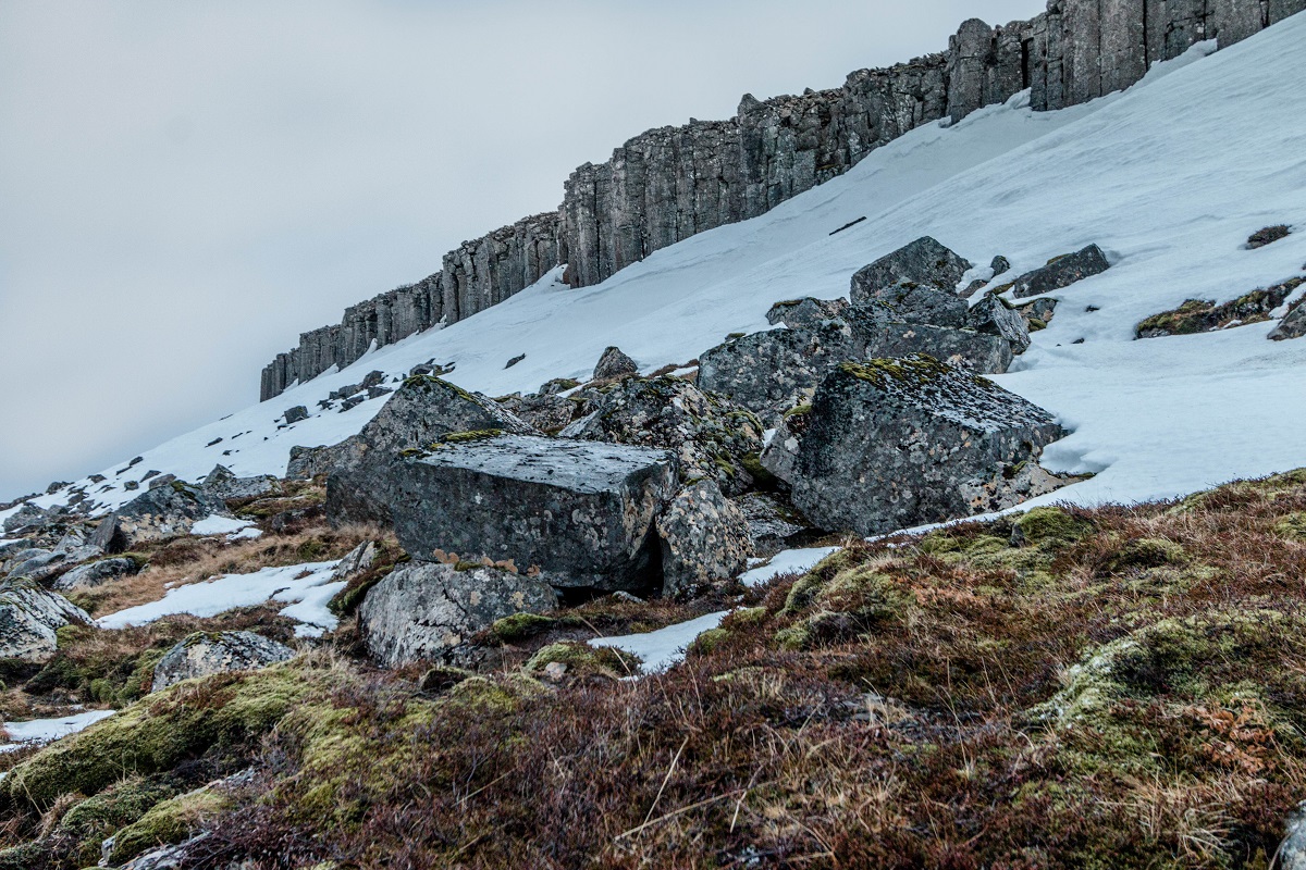 De besneeuwde basaltkolommen van de Gerdiberg in west IJsland.