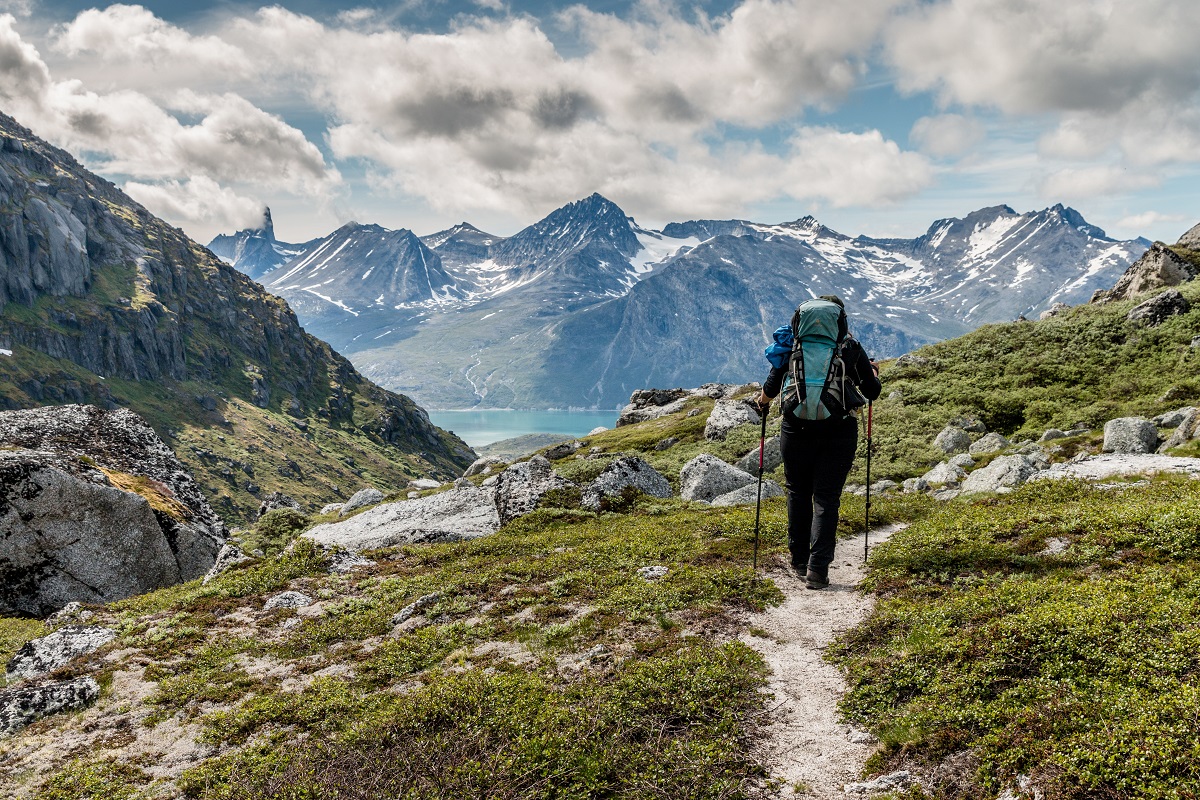 Wandeling naar biggwals aan de Tasermiut fjord in zuid Groenland.