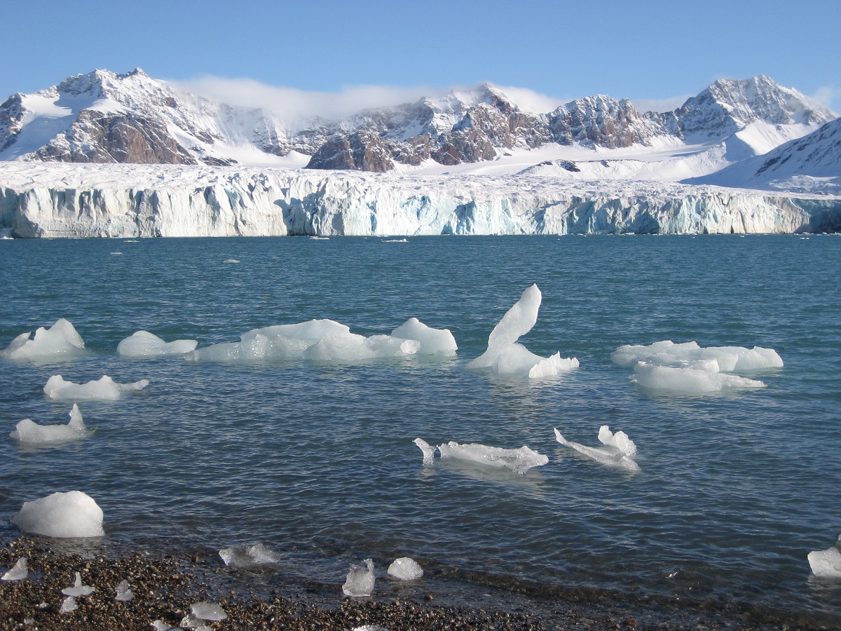 Drijvende ijsbergen in het fjord met helder blauwe lucht op Spitsbergen.