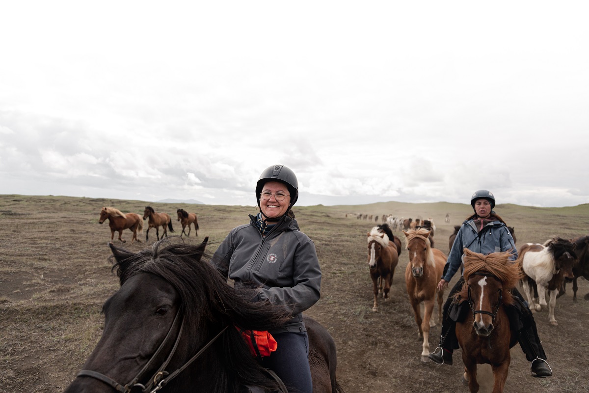 Wandeling kudde met vrolijke reiziger te paard.