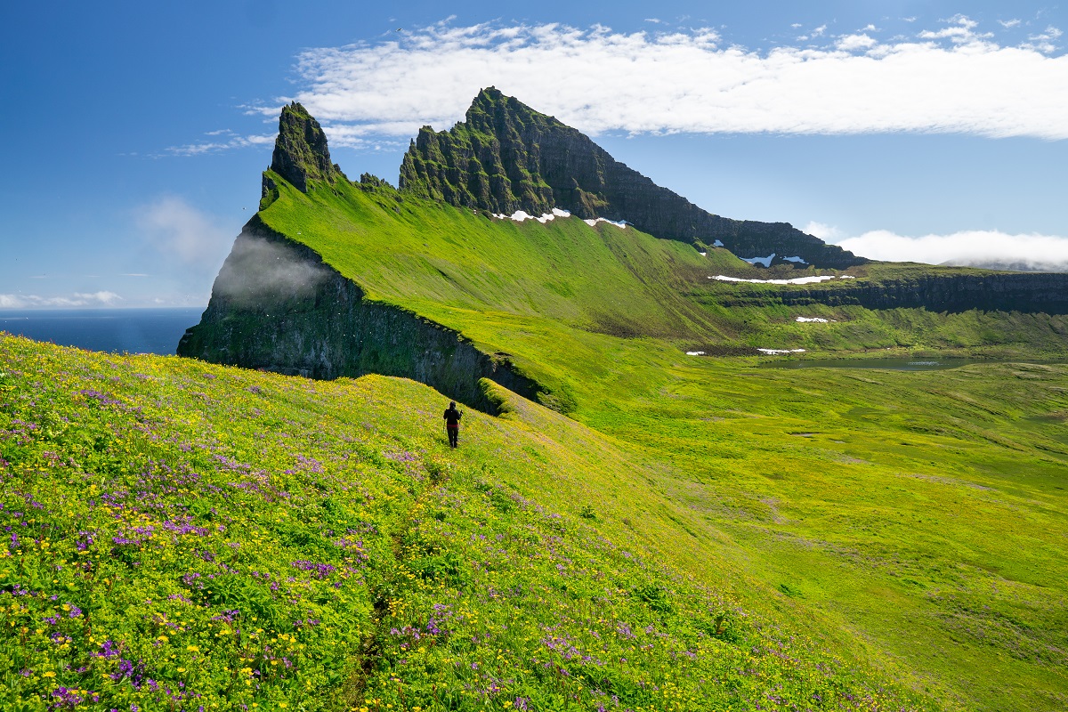 Een wandelaar bij de hornbjarg klif in de westfjorden.