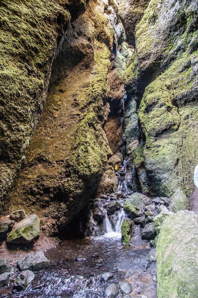 De waterval loopt door de Raudfeldsgja kloof op het Snæfellsnes schiereiland in het westen van IJsland. Reizigers bekijken de met mos bedekte rotsen en de waterval.