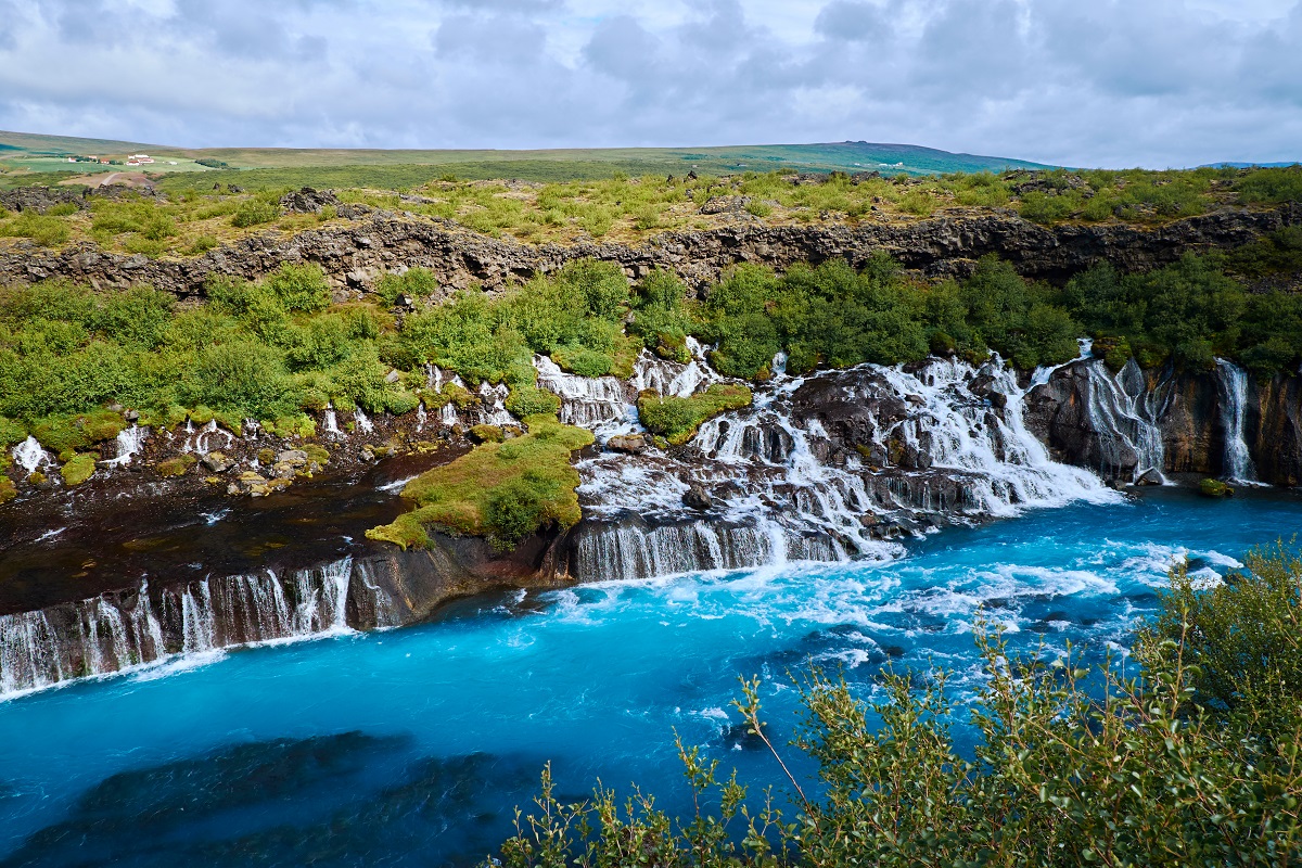 De Hraunfossar waterval gelegen in West-IJsland, in een groen zomerlandschap.