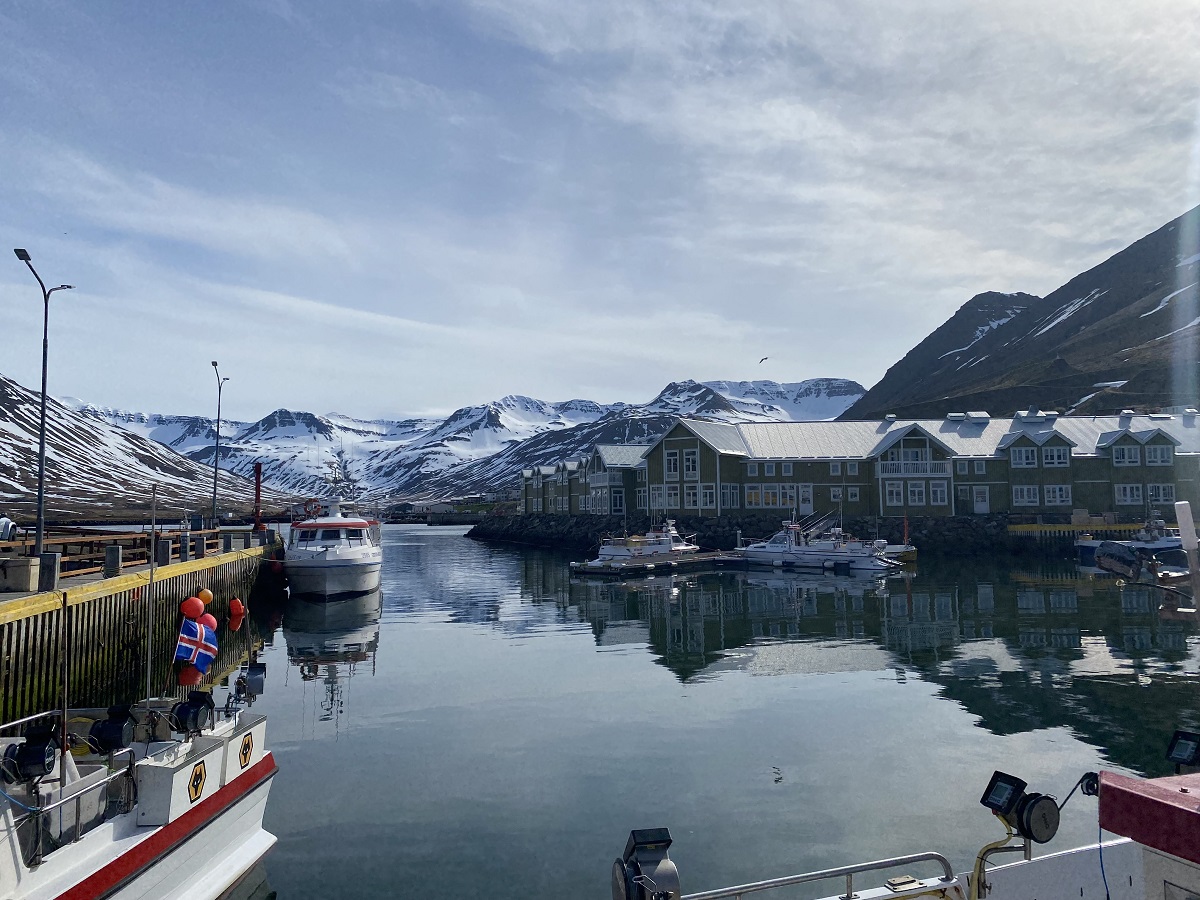 Uitzicht vanuit de haven op de boten en de huizen bij Siglufjordur, in het noorden van IJsland.