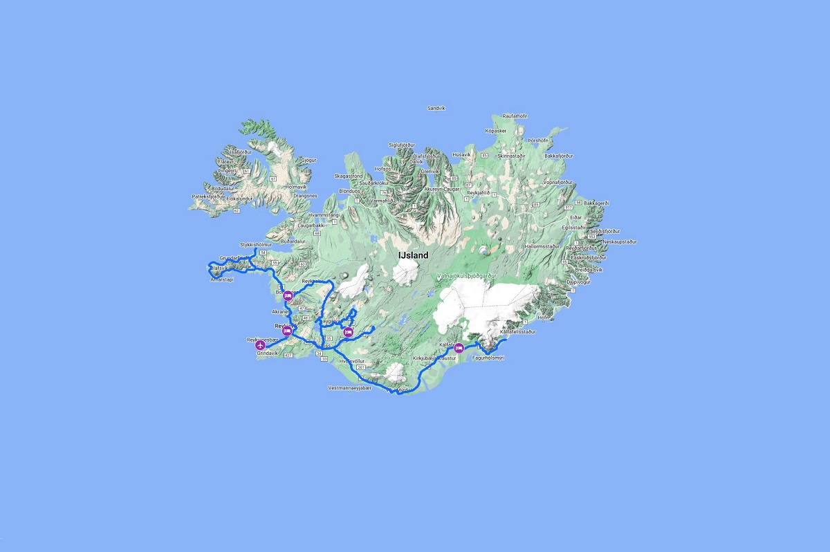 De routekaart van de 8-daagse reis IJsland in een Notendop