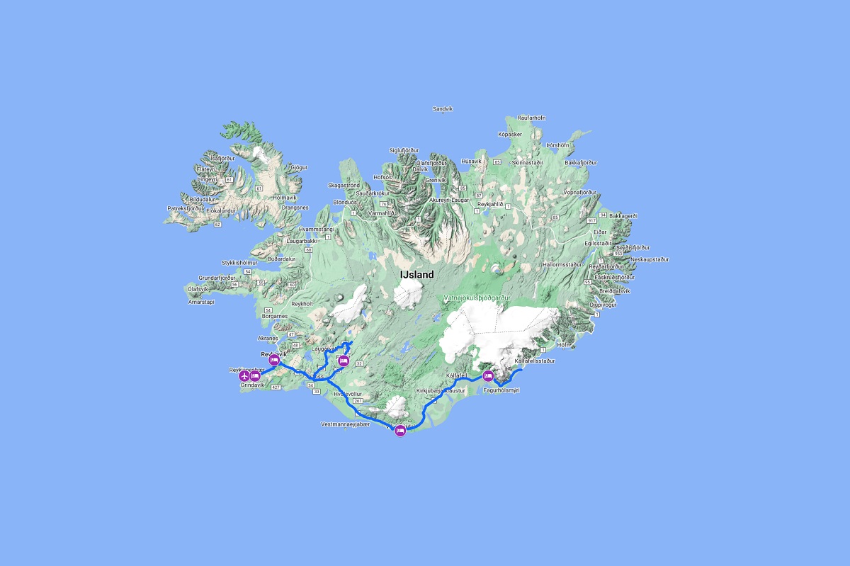 De routekaart van de 6-daagse reis IJsland Korte Fly-Drive