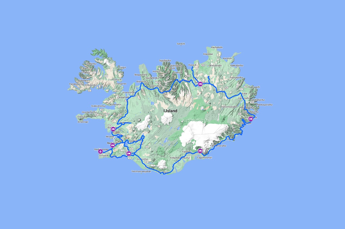 De routekaart van de 8-daagse reis Weekje rond IJsland