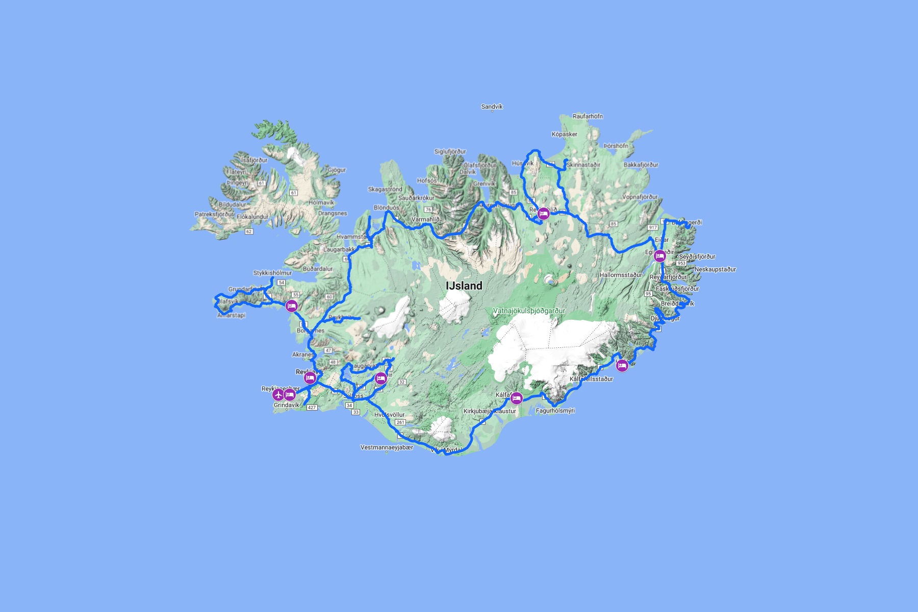 De routekaart van de 16-daagse reis IJsland in Huisjes