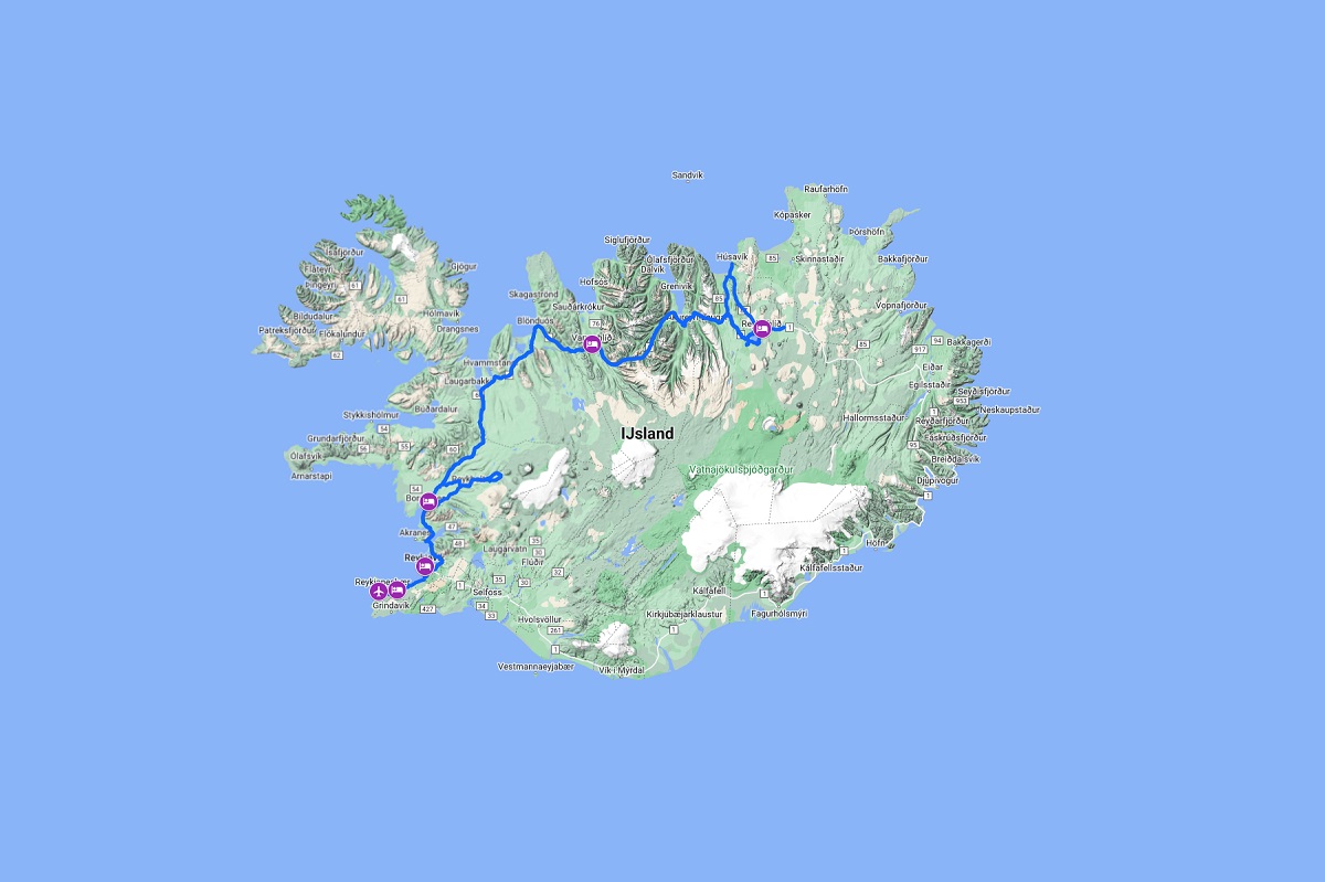 De routekaart van de 8-daagse reis IJsland West & Noord