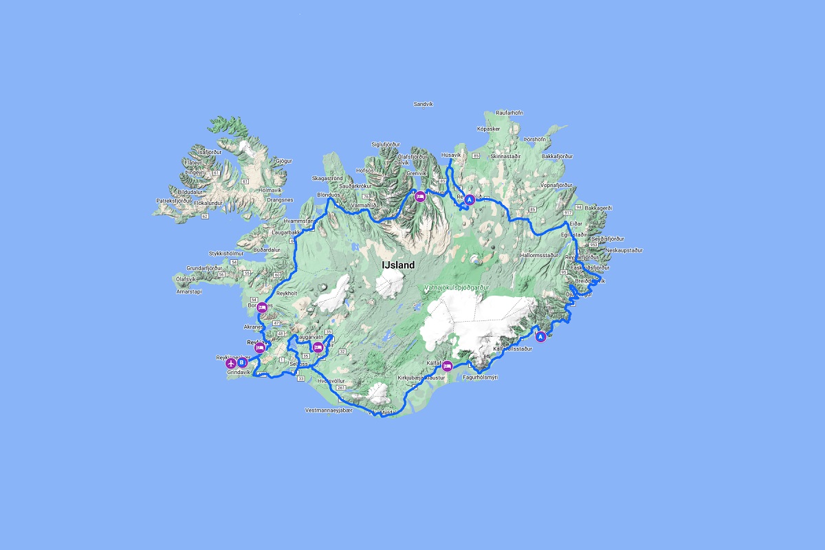 De routekaart van de 13-daagse reis Winter Rondom IJsland 