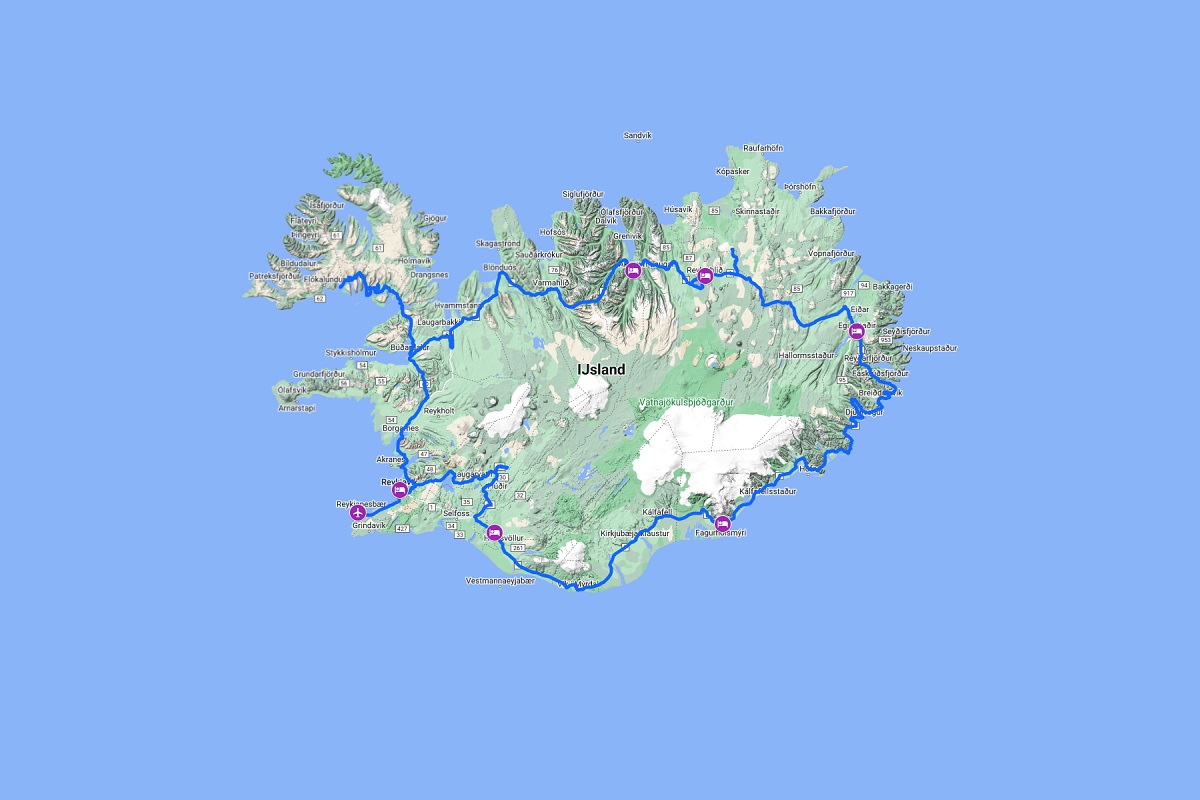 De routekaart van de 8-daagse groepsreis Winter Rond IJsland