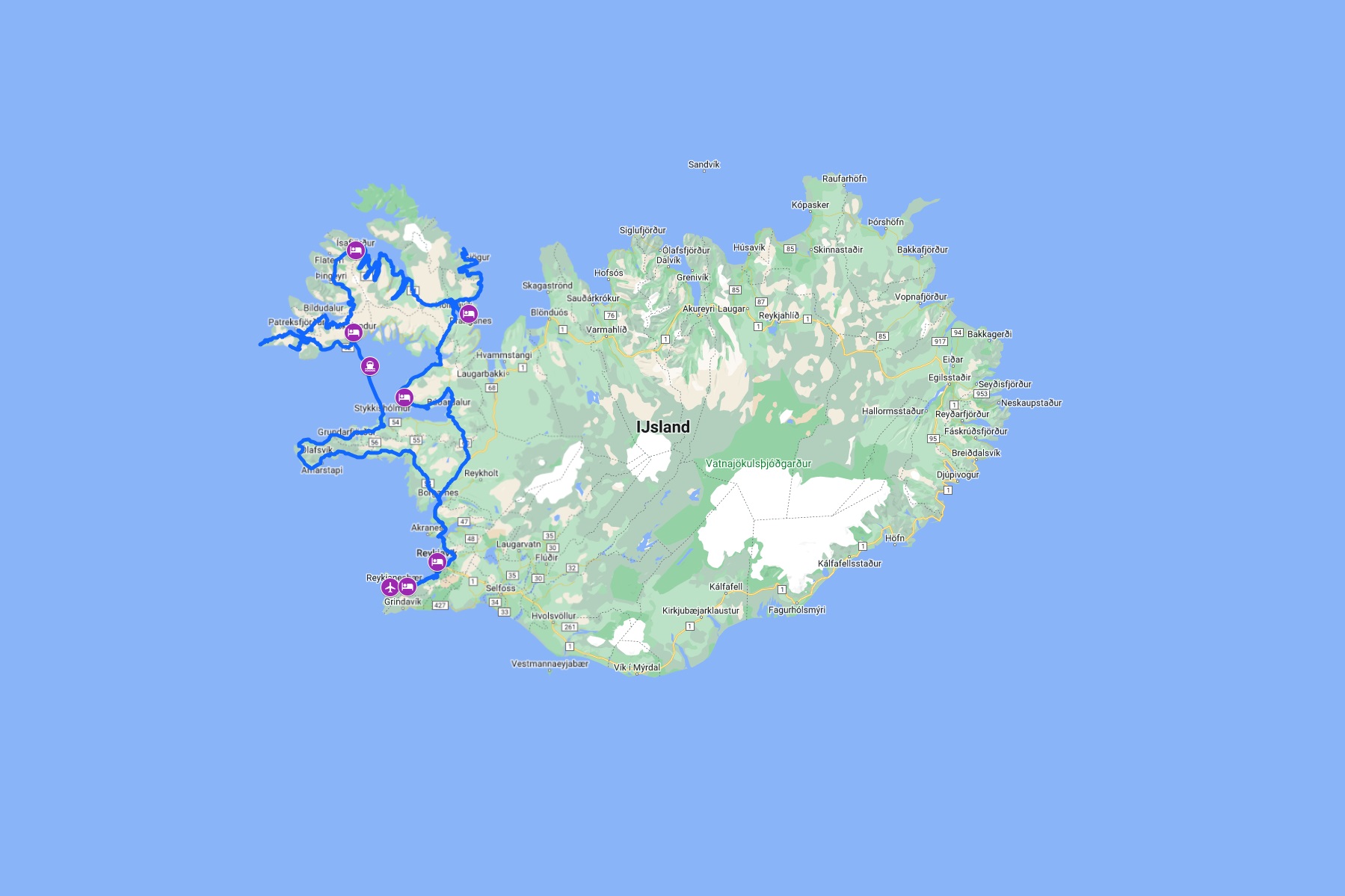 De routekaart van de 8-daagse reis IJsland Weekje Westfjorden