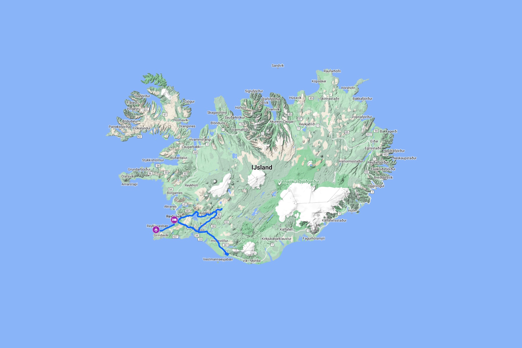 De routekaart van de 5-daagse reis Citytrip Reykjavik