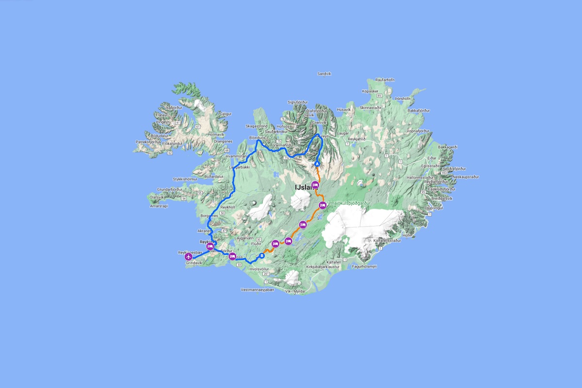 De routekaart van de 9-daagse paardrij reis Sprengisandur rijtour