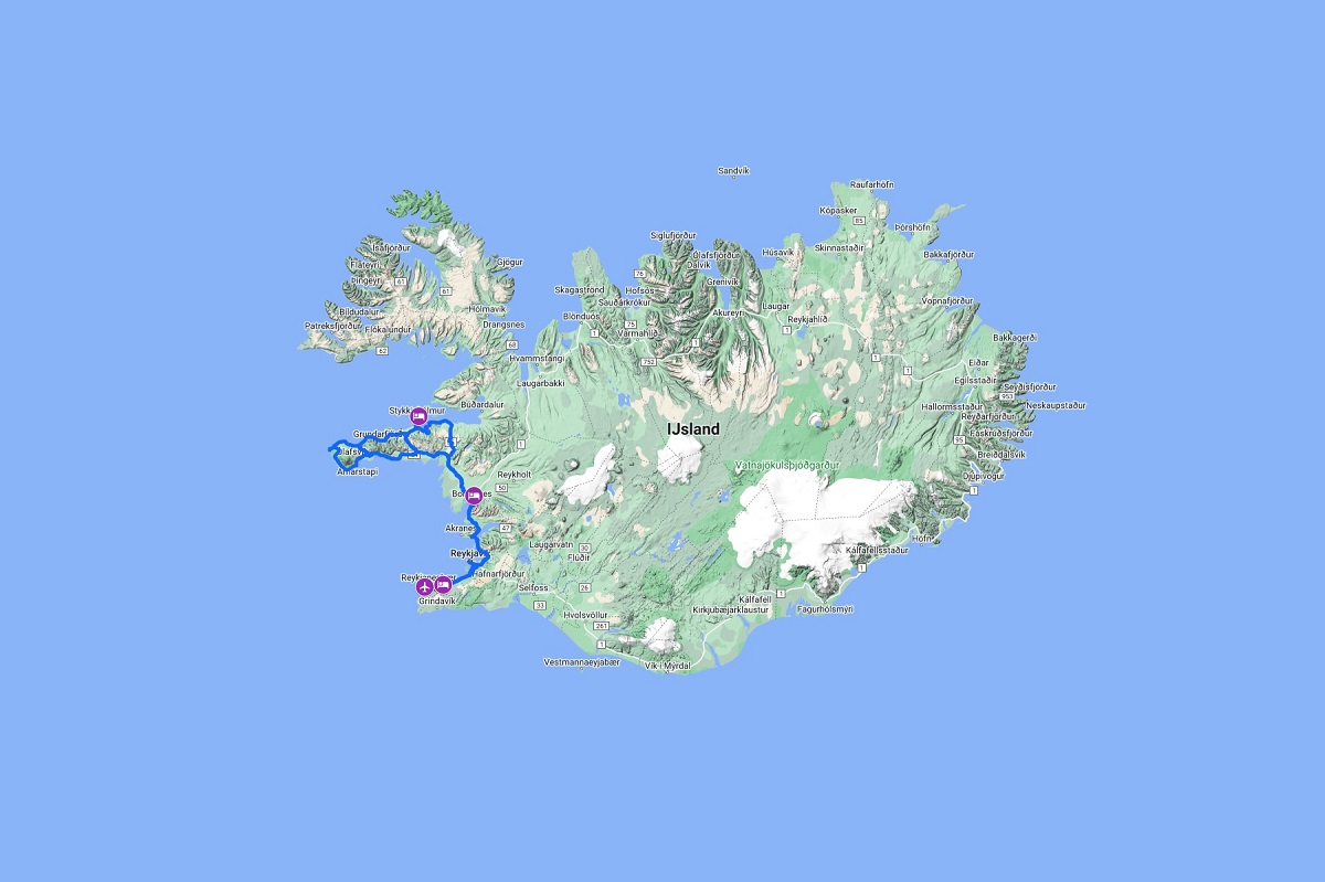 De routekaart van de 8-daagse fotoreis IJsland Go West