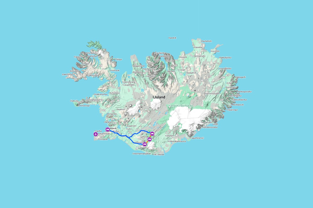 De routekaart van de 7-daagse reis Laugavegur Wandelreis