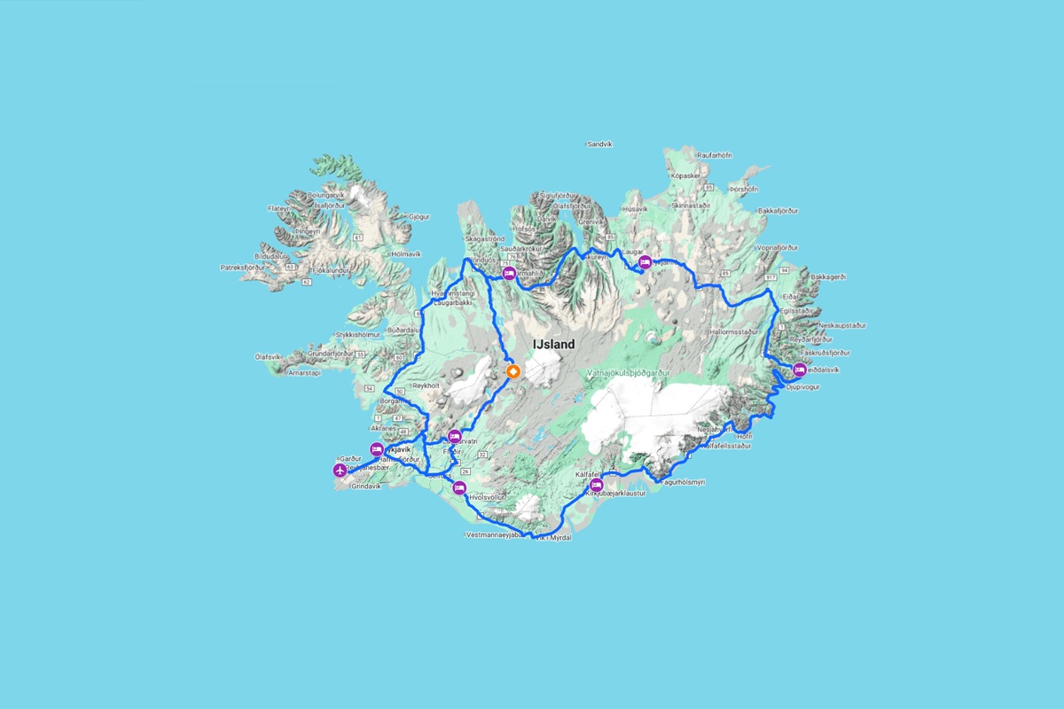 De routekaart van de 9-daagse reis Het Beste van IJsland